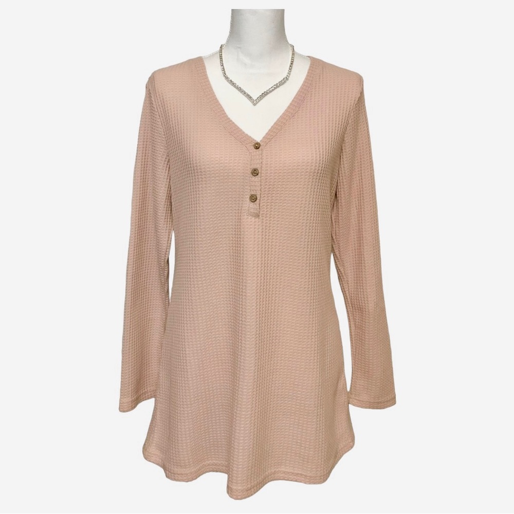 🆕 Neutral Beige Long Sleeve Waffle Weave Tunic 3 Button V-Neck NWT